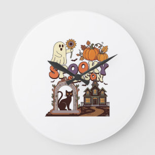 Gruselige Halloween-Geister-Kürbis-Schwarze Katze Große Wanduhr