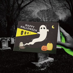 Gruselige Halloween-Grußkarte mit Geist und Tasche Karte