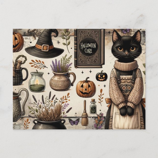 Gruselige Halloween-Katzen-Core Junk Journaling Postkarte (Vorderseite)