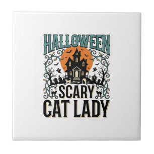 Gruselige Halloween-Katzen-Lady-Vintage-Haus_1 Fliese