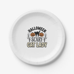 Gruselige Halloween-Katzenlady Retro-Vektorgestalt Pappteller