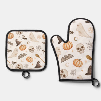 Gruselige Halloween-Kürbisse und Geister Ofenhandschuh & Topflappen-Set