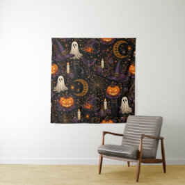 Gruselige Halloween-Nacht-Kürbis- und Geistermuste Wandteppich