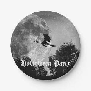 Gruselige Hexe auf Besen Vollmond Halloween Pappteller