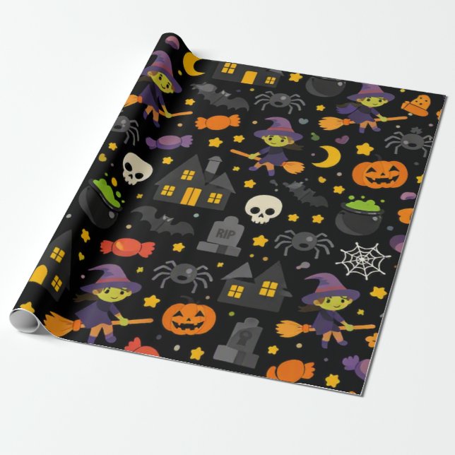 Gruselige Hexe & Spinne Halloween Geschenkpapier (Ungerollt)