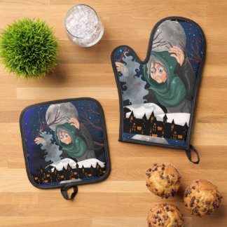 Gruselige Hexe & Spukhaus Halloween🌙 Ofenhandschuh & Topflappen-Set