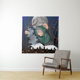 Gruselige Hexe & Spukhaus Halloween🌙 Wandteppich