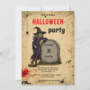 Gruselige Hexe und Grabstein-Szene Halloween-Party Einladung