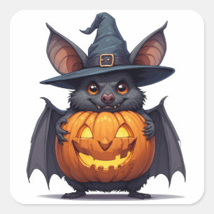 Gruselige Hexenfledermaus hält Kürbis 🦇 Quadratischer Aufkleber
