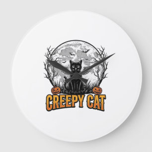 Gruselige Katze Halloween Vintage Gravur Design_1 Große Wanduhr