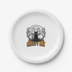 Gruselige Katze Halloween Vintage Gravur Design_1 Pappteller