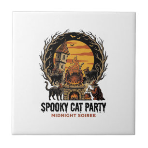 Gruselige Katzenparty Vintage-Stich Halloween-Shir Fliese