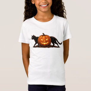 Gruselige lange schwarze Katze hinter leuchtendem T-Shirt