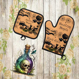 Gruselige Nächte Halloween-Kürbis schwarze Katze H Ofenhandschuh & Topflappen-Set
