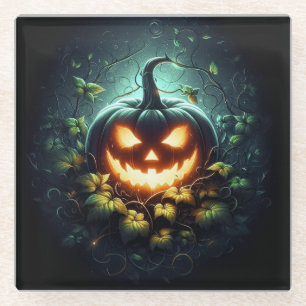 Gruselige Natur leuchtender Halloween-Kürbis Glasuntersetzer
