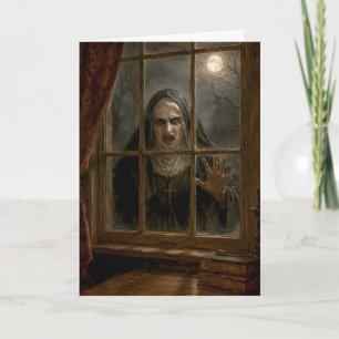 Gruselige Nonne am heimgesuchten Fenster Gotischer Feiertagskarte