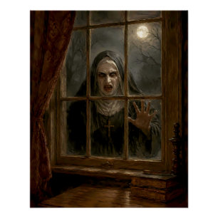 Gruselige Nonne am heimgesuchten Fenster Gotischer Poster
