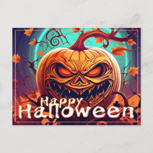 Gruselige orange Halloween-Kürbis mit Gesicht Feiertagspostkarte