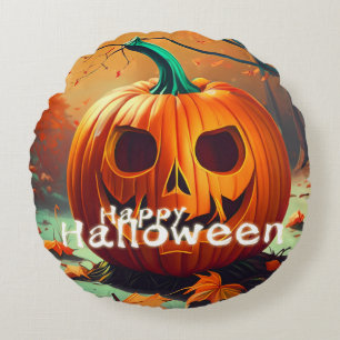 Gruselige orange Halloween-Kürbis mit Gesicht Rundes Kissen
