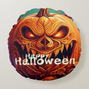Gruselige orange Halloween-Kürbis mit Gesicht Rundes Kissen