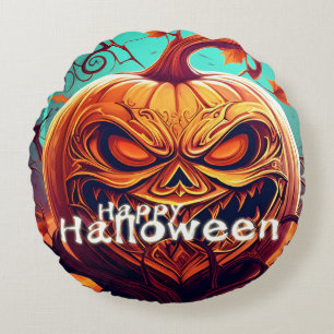 Gruselige orange Halloween-Kürbis mit Gesicht Rundes Kissen