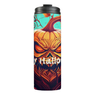 Gruselige orange Halloween-Kürbis mit Gesicht Thermosbecher