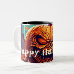 Gruselige orange Halloween-Kürbis mit Gesicht Zweifarbige Tasse