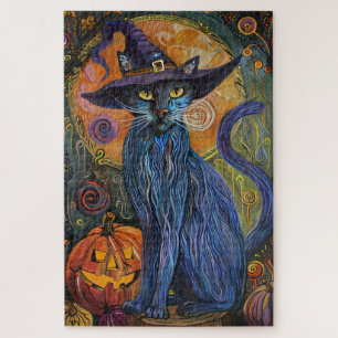 Gruselige Russische Blaue Katze Halloween Hexe Kür Puzzle