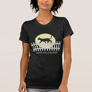 Gruselige schwarze Katze auf Lattenzaun T-Shirt