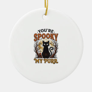 Gruselige schwarze Katze Pun Halloween Vintage Gra Keramik Ornament