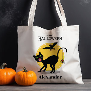 Gruselige schwarze Katze und Spinne Halloween Tragetasche