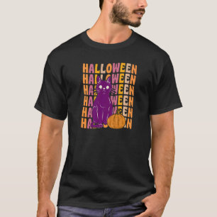 Gruselige schwarze Katzen-Kürbis 70er 80er Retro V T-Shirt