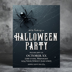 Gruselige schwarze Spinne und Halloween-Party mit Einladung