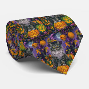 Gruselige Sibirische Katze Halloween Hexe und Kürb Krawatte