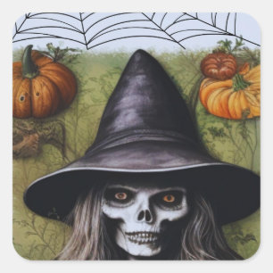 Gruselige Skeletthexe für eine unheimliche Hallowe Quadratischer Aufkleber