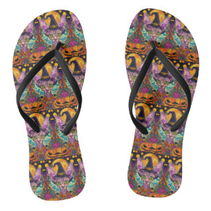 Gruselige Sphynx-Katze Halloween-Hexe und Kürbis Flip Flops