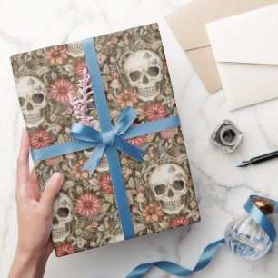 Gruselige Totenköpfe & rote Blumen Geschenkpapier