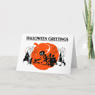 Gruselige Vintage-Art-Deco-Schwarzkatze-Halloween- Karte
