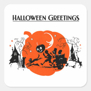 Gruselige Vintage-Art-Deco-Schwarzkatze-Halloween- Quadratischer Aufkleber