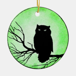 Gruselige Vintage-Eule mit saftig grünem Wasserfar Keramik Ornament