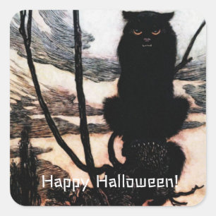 Gruselige Vintage-Halloween-Katze Arthur Rackham Quadratischer Aufkleber