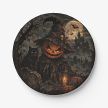 Gruselige Vintage-Halloween-Kürbis-Papierplatten