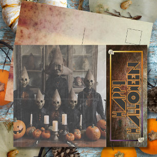 Gruselige Vintage-Halloween-Maskenfiguren Feiertagspostkarte