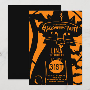 Gruselige Vintage-Katze Orange Schwarzer Halloween Einladung