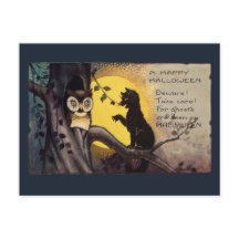 Gruselige Vintage-Katze warnt Eule Halloween-Grußk