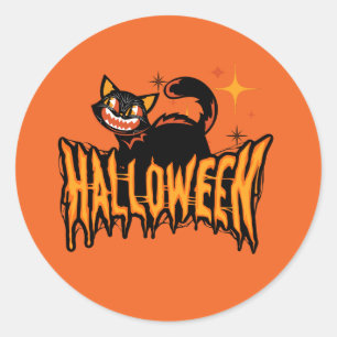 Gruselige Vintage-Schwarze-Katze-Halloween Runder Aufkleber
