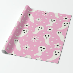 Gruselige weiße Geister mit Retro-Blumen auf Rosa Geschenkpapier