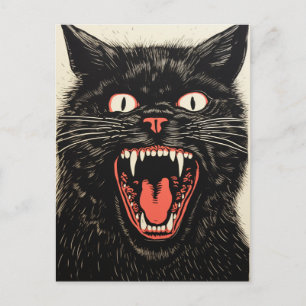Gruselige wütende schwarze Katze Retro Postkarte