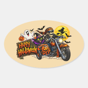 Gruseligen Frohen Halloween Motorrad Skelett Biker Ovaler Aufkleber