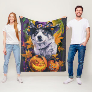 Gruseliger Akita Halloween Hexe und Kürbis  Fleecedecke